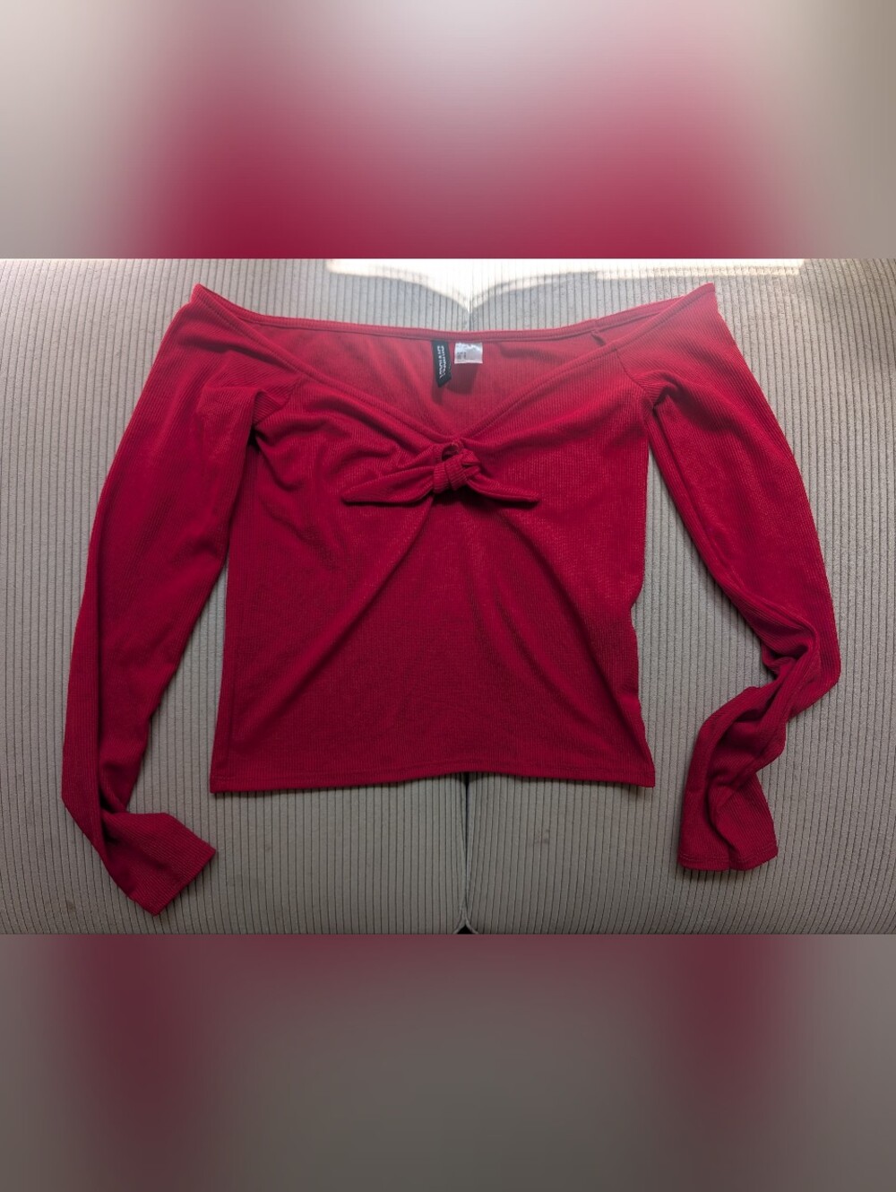 H&M Red Off-Shoulder Knot-Front Ribbed Crop Top